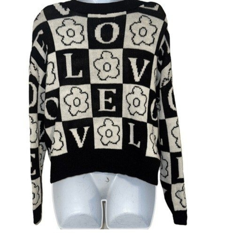 JUST POLLY LOVE Black White Floral Checkerboard Knit Cardigan Sweater EUC S - Picture 5 of 6